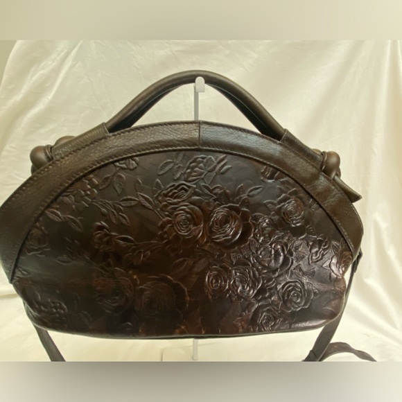 Retro Tooled Coffee Brown Leather Cowhide Two-Way Handbag Adjustable Strap EUC - Picture 3 of 16